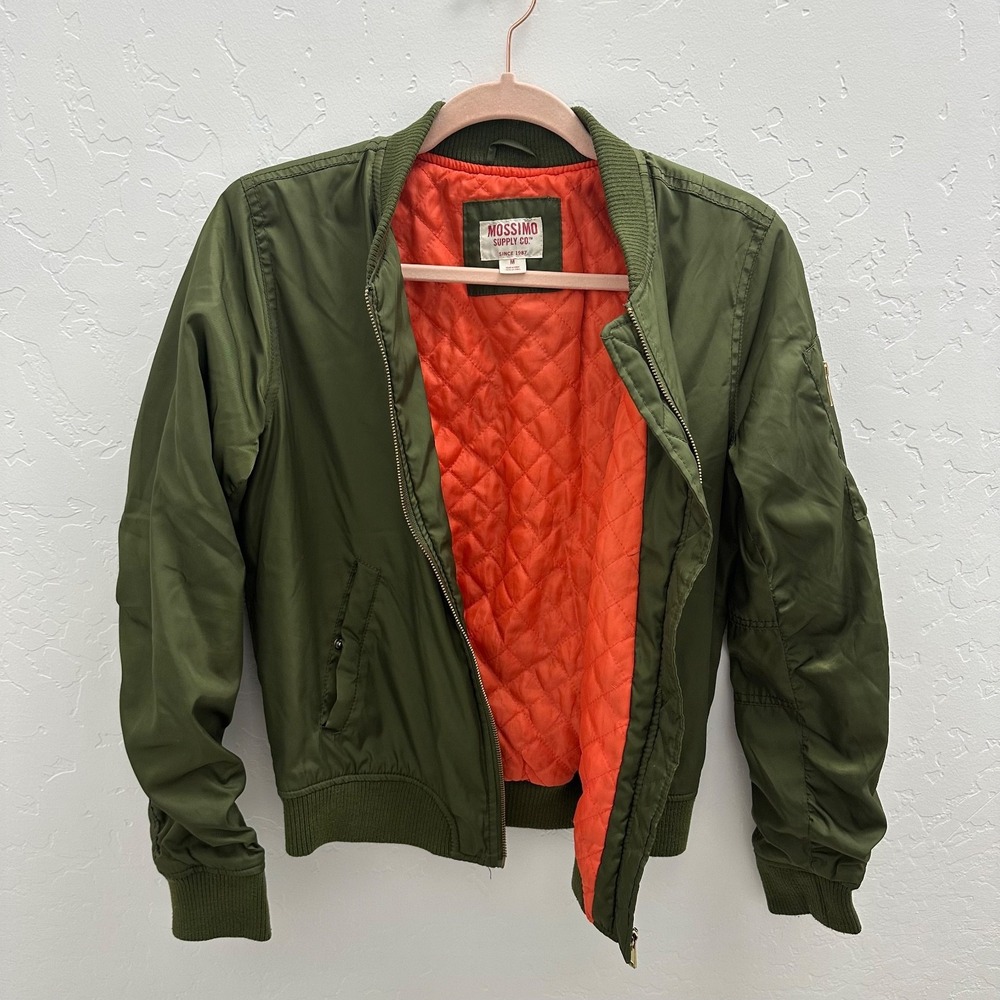 Mossimo Green Bomber Windbreaker Jacket Zip Up Olive Orange Lining Womens M
